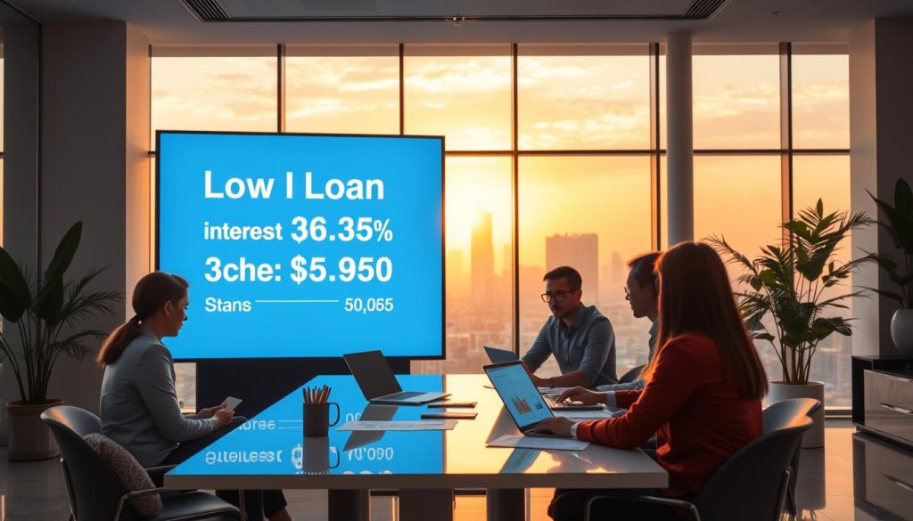 A modern financial office environment showcasing a large digital display of low personal loan interest rates. In the foreground, a diverse group of professionals in business attire are engaged in a discussion around a sleek conference table, looking at charts and graphs on laptops. In the middle ground, a large glass window reveals a cityscape, bathed in warm ambient light as the sun sets, creating a sense of optimism. The background features a sophisticated office design with elegant furniture and plants, contributing to a polished and professional atmosphere. The image conveys a mood of informed decision-making and confidence in financial planning, with a focus on understanding loan costs clearly. A modern financial office environment showcasing a large digital display of low personal loan interest rates. In the foreground, a diverse group of professionals in business attire are engaged in a discussion around a sleek conference table, looking at charts and graphs on laptops. In the middle ground, a large glass window reveals a cityscape, bathed in warm ambient light as the sun sets, creating a sense of optimism. The background features a sophisticated office design with elegant furniture and plants, contributing to a polished and professional atmosphere. The image conveys a mood of informed decision-making and confidence in financial planning, with a focus on understanding loan costs clearly.