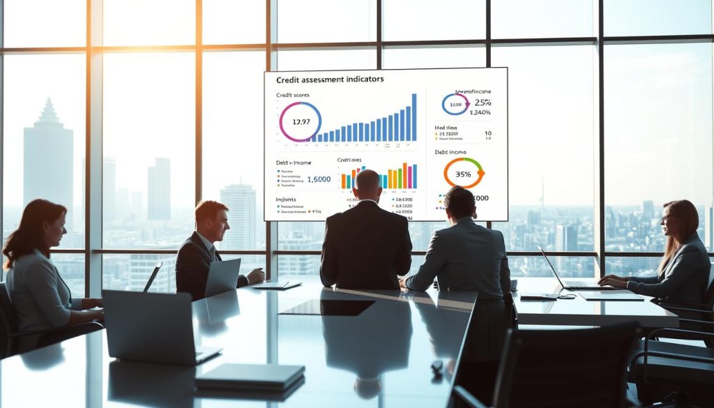 A modern financial office scene depicting the concept of "credit assessment indicators." In the foreground, a group of professionals in formal business attire is gathered around a sleek conference table, engaged in discussion, analyzing charts and data on laptops. The middle ground features a large digital screen displaying graphs and key performance indicators related to credit evaluation, including credit scores, income levels, and debt-to-income ratios. In the background, a large window reveals a city skyline, bathed in soft, natural daylight, enhancing the professional atmosphere. The lighting is bright but balanced, creating a focused and analytical mood. The image captures the essence of financial decision-making and the critical components evaluated during personal loan assessments.