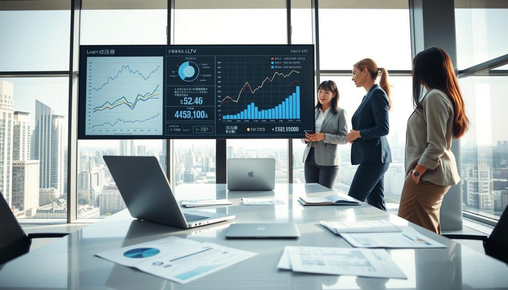 A modern financial office scene illustrating the concept of "LTV可貸空間" (Loan-to-Value Ratio and Borrowing Space). In the foreground, a diverse group of three professionals, a male and two females in smart business attire, are gathered around a large digital screen displaying intricate graphs and charts related to loan calculations. In the middle ground, a sleek conference table with financial documents scattered and a laptop open, showcasing data analysis. The background features large windows with a city skyline view, allowing natural light to flood the room, creating a bright and optimistic atmosphere. The image conveys a sense of collaboration, professionalism, and focus on financial strategies. Use a wide-angle lens to capture the full depth of the workspace, emphasizing clarity and detail in the graphics displayed.