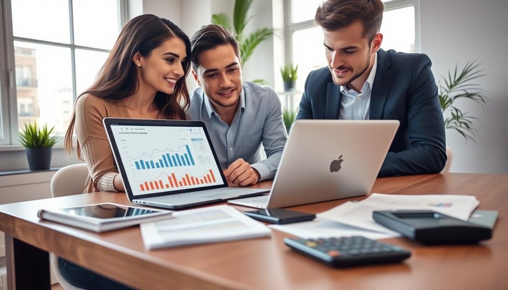 A modern financial planning scene featuring a young professional couple in a stylish office environment. In the foreground, they're gathered around a sleek wooden table, analyzing a laptop displaying graphs and charts representing fund allocation. The couple, dressed in smart casual attire, appears focused and engaged. In the middle ground, artfully arranged financial documents and a calculator are visible, illustrating their budgeting process. The background features a large window with natural light streaming in, giving a bright and motivational atmosphere. Potted plants add a touch of greenery, enhancing a sense of calm and productivity. The angle captures both the couple’s expressions and the financial materials, emphasizing collaboration and thoughtful decision-making.