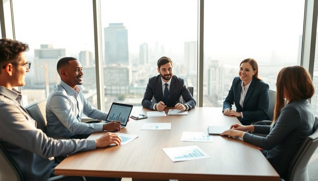 A modern, inviting office setting with a large conference table and chairs, where a diverse group of four professionals in business attire—two men and two women—are engaged in a discussion about real estate finances. The atmosphere is focused and collaborative, with papers and a laptop open on the table displaying graphs related to home loans. In the background, a clear window reveals a cityscape with contemporary buildings, bathed in soft, natural lighting that suggests early morning. The angle is slightly elevated, capturing both the group and the light-filled environment, evoking a sense of ambition and clarity in financial decision-making regarding home equity loans.