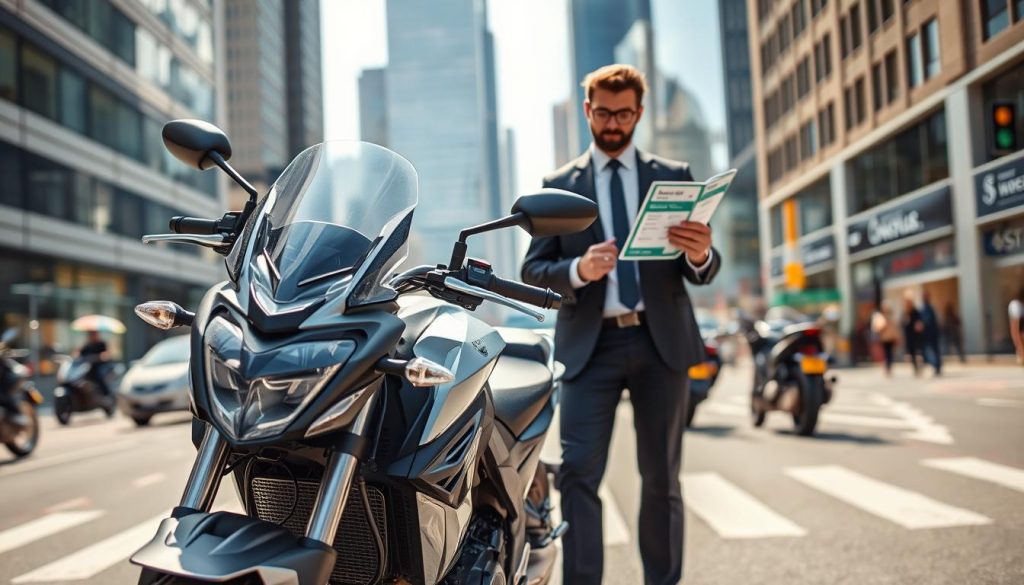 A modern motorcycle in the foreground, gleaming under soft daylight, showcasing its sleek design with added accessories like protective gear and a financing brochure subtly placed next to it. In the middle ground, a confident individual in professional attire stands beside the motorcycle, discussing loan options with a financial advisor, who holds a tablet illustrating various financing plans. The background features a busy urban street scene with skyscrapers, conveying a sense of movement and urgency. The lighting is bright and inviting, highlighting the dynamic nature of motorcycle financing. The mood is focused and professional, emphasizing practicality and the appeal of short-term loan solutions for motorcycle purchases. A modern motorcycle in the foreground, gleaming under soft daylight, showcasing its sleek design with added accessories like protective gear and a financing brochure subtly placed next to it. In the middle ground, a confident individual in professional attire stands beside the motorcycle, discussing loan options with a financial advisor, who holds a tablet illustrating various financing plans. The background features a busy urban street scene with skyscrapers, conveying a sense of movement and urgency. The lighting is bright and inviting, highlighting the dynamic nature of motorcycle financing. The mood is focused and professional, emphasizing practicality and the appeal of short-term loan solutions for motorcycle purchases.