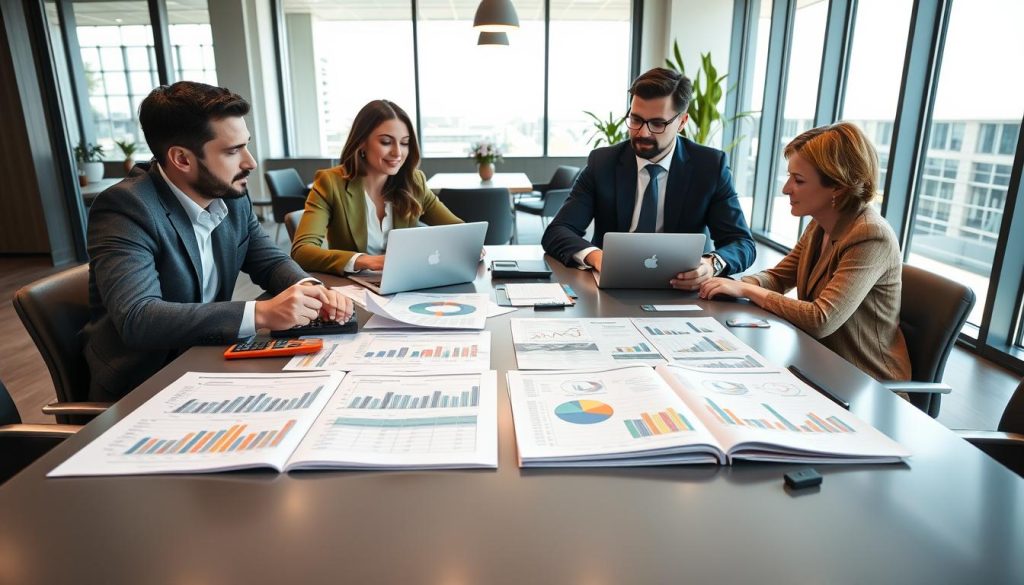 A modern office environment featuring a professional male and female business team seated at a sleek conference table, engaging in a discussion about budgeting and financial allocations. The foreground should highlight open financial documents and budget spreadsheets filled with graphs and pie charts illustrating the division of funds for various purposes. The middle should showcase the focused expressions of the team members as they analyze the data, with laptops and calculators scattered around. In the background, large windows let in natural light, creating a bright and optimistic atmosphere, while contemporary office decor adds a touch of professionalism. Capture this scene with a wide-angle lens to convey a sense of space and collaboration, emphasizing teamwork in a financial context.