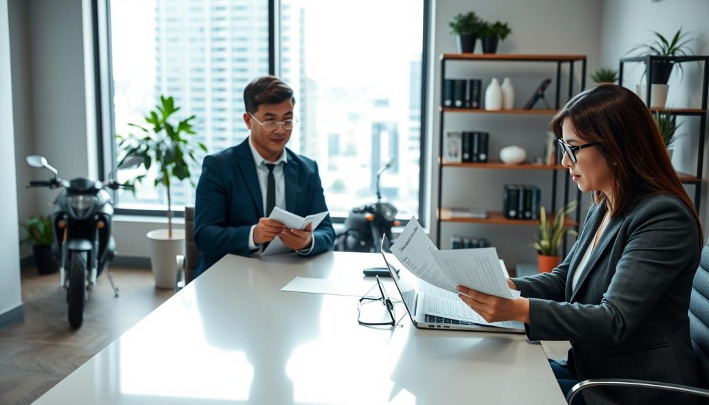 A modern office environment showcasing a financial consultant assisting a client with motorcycle loan applications. In the foreground, the consultant, a middle-aged Asian woman, dressed in professional business attire, is seated at a sleek desk, reviewing documents on a laptop and explaining options. The client, a young man in smart casual clothing, listens intently, taking notes. In the middle, a large window reveals a bustling cityscape outside, with soft natural light illuminating the room. In the background, shelves filled with financial brochures and plants add warmth. The atmosphere is focused and professional, conveying a sense of urgency and expertise vital for understanding the preliminary review process in motorcycle financing. A modern office environment showcasing a financial consultant assisting a client with motorcycle loan applications. In the foreground, the consultant, a middle-aged Asian woman, dressed in professional business attire, is seated at a sleek desk, reviewing documents on a laptop and explaining options. The client, a young man in smart casual clothing, listens intently, taking notes. In the middle, a large window reveals a bustling cityscape outside, with soft natural light illuminating the room. In the background, shelves filled with financial brochures and plants add warmth. The atmosphere is focused and professional, conveying a sense of urgency and expertise vital for understanding the preliminary review process in motorcycle financing.