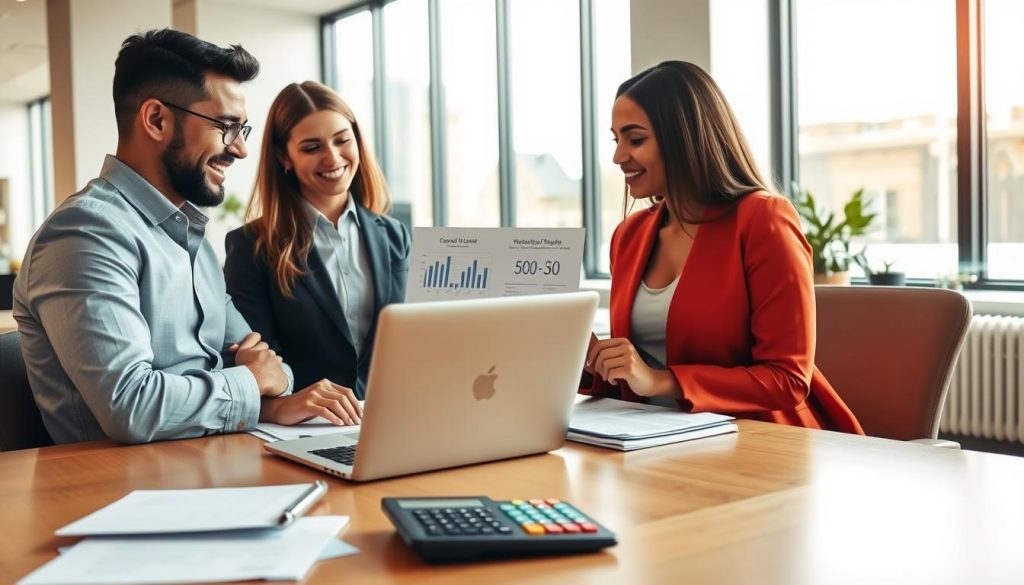 A modern office environment showcasing personal finance concepts. In the foreground, a diverse group of three professionals dressed in business attire—one man and two women—are engaged in a discussion while looking at a laptop showing financial graphs and loan information. The middle ground features a stylish wooden desk with neatly arranged documents and a calculator, representing organization and clarity. In the background, large windows allow natural light to flood the room, casting soft, warm tones. The atmosphere is focused and collaborative, with a sense of professionalism and trust. The overall mood reflects an inviting and informative space, emphasizing the essence of personal credit loans. A modern office environment showcasing personal finance concepts. In the foreground, a diverse group of three professionals dressed in business attire—one man and two women—are engaged in a discussion while looking at a laptop showing financial graphs and loan information. The middle ground features a stylish wooden desk with neatly arranged documents and a calculator, representing organization and clarity. In the background, large windows allow natural light to flood the room, casting soft, warm tones. The atmosphere is focused and collaborative, with a sense of professionalism and trust. The overall mood reflects an inviting and informative space, emphasizing the essence of personal credit loans.