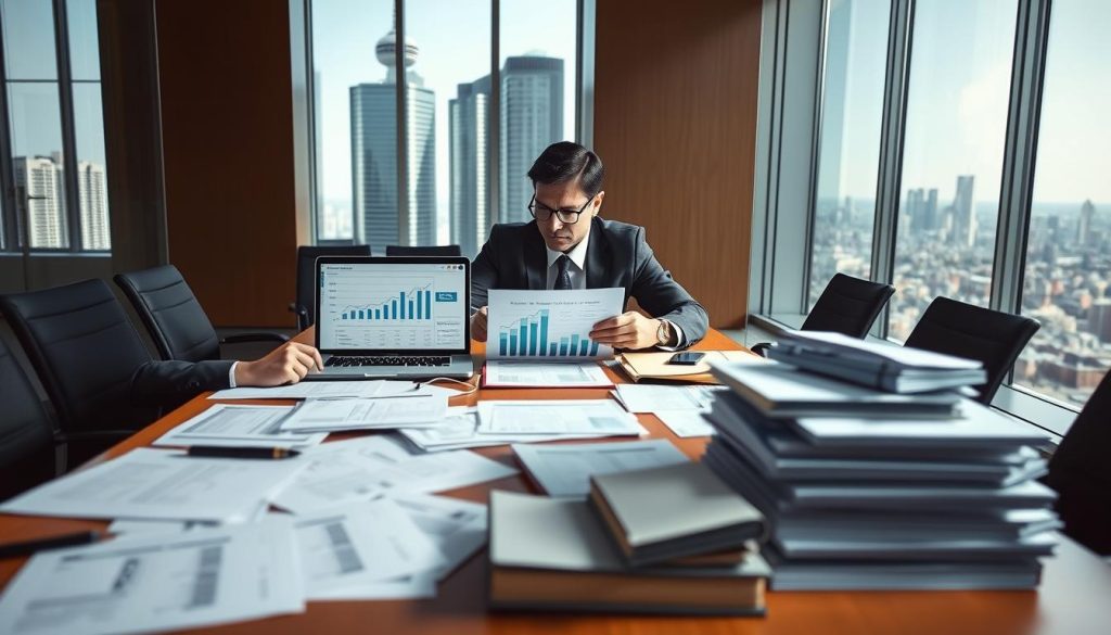 A modern office environment with a large table at the forefront, cluttered with documents and financial charts illustrating cash flow. In the middle, a focused professional in business attire analyzes a loan application, with a laptop displaying graphs of debts and payments. In the background, a large window reveals a skyline, hinting at a bustling city. The lighting is bright and natural, coming from the window, creating a sense of clarity and determination. The overall atmosphere is one of concentration and professionalism, emphasizing the financial decision-making process related to existing loans and new credit opportunities. The scene should be detailed yet straightforward, without any people expressing stress, just a calm focus on the task at hand.