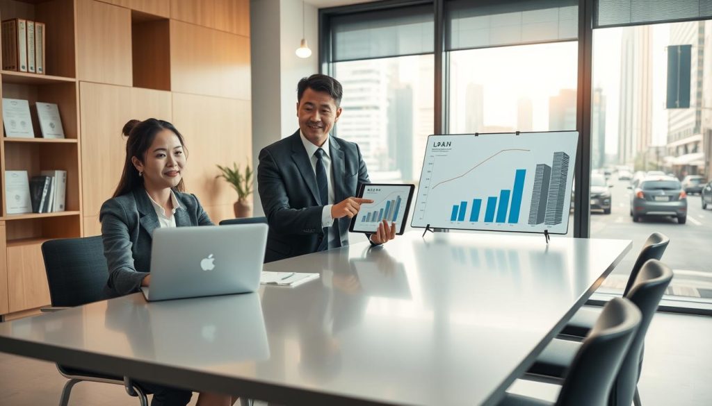 A modern office interior featuring professional individuals discussing finance options, illustrating the concept of "民間二胎" (private second mortgage). In the foreground, a confident businesswoman in professional attire sits at a sleek conference table, reviewing documents on a laptop. Next to her is a businessman in a suit, pointing at charts displayed on a tablet, showcasing various loan scenarios. In the middle ground, a large window reveals a vibrant city skyline, symbolizing financial opportunities. The background includes shelves filled with finance literature and a view of a busy urban street. Soft, natural light streams through the window, creating a warm and open atmosphere, emphasizing collaboration and financial empowerment. The overall mood is professional yet approachable, reflecting a hopeful approach to personal finance. A modern office interior featuring professional individuals discussing finance options, illustrating the concept of "民間二胎" (private second mortgage). In the foreground, a confident businesswoman in professional attire sits at a sleek conference table, reviewing documents on a laptop. Next to her is a businessman in a suit, pointing at charts displayed on a tablet, showcasing various loan scenarios. In the middle ground, a large window reveals a vibrant city skyline, symbolizing financial opportunities. The background includes shelves filled with finance literature and a view of a busy urban street. Soft, natural light streams through the window, creating a warm and open atmosphere, emphasizing collaboration and financial empowerment. The overall mood is professional yet approachable, reflecting a hopeful approach to personal finance.