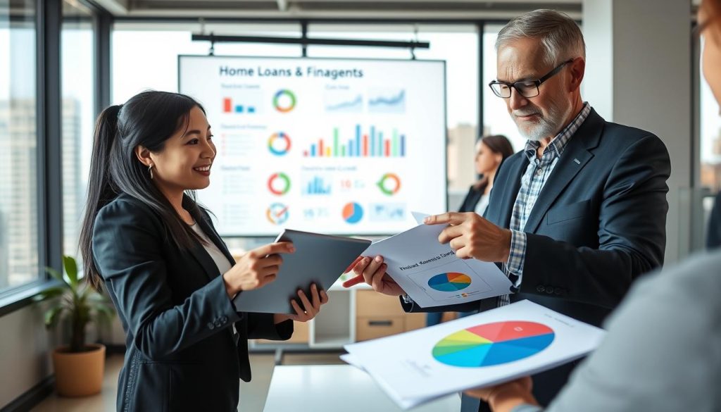 A modern office scene showing a diverse group of professionals discussing financial strategies. In the foreground, a young Asian woman in smart business attire is reviewing documents with a middle-aged Caucasian man who is analyzing graphs on a tablet. The woman looks focused and confident, while the man gestures towards a pie chart, illustrating the balance of home loans and personal credit. In the middle ground, a large presentation screen displays visually engaging infographics about credit management. The background features a window with a city skyline, allowing natural light to illuminate the workspace, creating an optimistic and proactive atmosphere. The overall mood is collaborative and insightful, emphasizing smart financial decision-making.