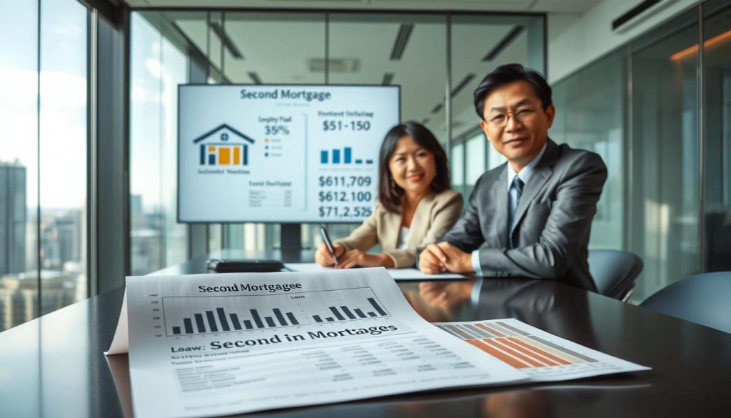 A modern office setting depicting a professional Asian couple seated at a conference table, discussing real estate financing. The foreground features a detailed financial document with graphs and numbers illustrating the concept of a second mortgage. In the middle, a large digital screen displays visual representations of loan structures and interest rates related to second mortgages. The background is a stylish office with glass walls, a city skyline view, and soft natural light streaming in. The atmosphere is focused and serious, signifying important financial discussions. The couple is dressed in professional business attire, exuding confidence and determination, creating a sense of approachability and trust. A modern office setting depicting a professional Asian couple seated at a conference table, discussing real estate financing. The foreground features a detailed financial document with graphs and numbers illustrating the concept of a second mortgage. In the middle, a large digital screen displays visual representations of loan structures and interest rates related to second mortgages. The background is a stylish office with glass walls, a city skyline view, and soft natural light streaming in. The atmosphere is focused and serious, signifying important financial discussions. The couple is dressed in professional business attire, exuding confidence and determination, creating a sense of approachability and trust.