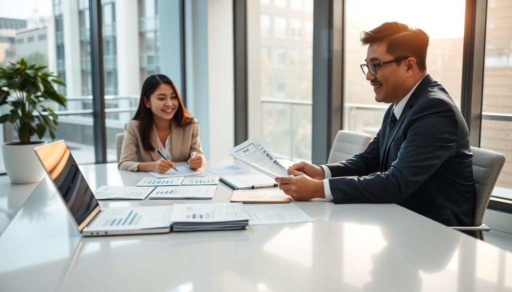 A modern office setting depicting a professional business environment for personal loan evaluations in Taiwan. In the foreground, a focused young Asian couple is seated at a sleek conference table, reviewing documents and discussing their loan application with a friendly bank officer, dressed in business attire. The middle features an array of neatly organized paperwork and a laptop displaying data charts on loan processing times. The background shows a contemporary office with large windows allowing natural light to flood in, casting a warm, inviting glow. The overall mood is informative and collaborative, emphasizing trust and transparency in the personal loan approval process. The angle is slightly elevated, providing a comprehensive view of the interaction without distractions.