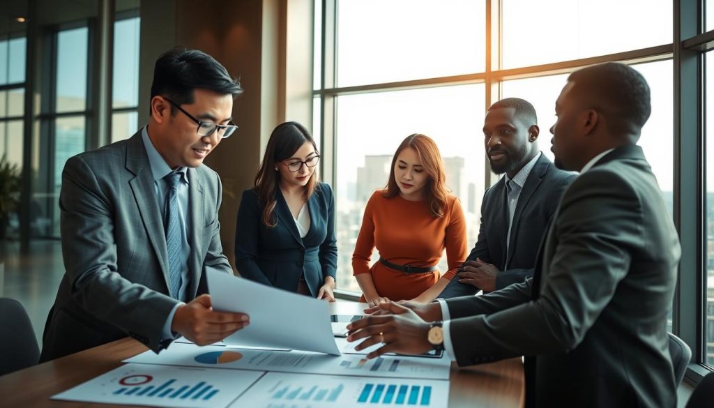 A modern office setting depicting a professional meeting on mortgage refinancing. In the foreground, a diverse group of three business professionals: a middle-aged Asian man in a tailored suit, a Caucasian woman in a smart dress and glasses, and an African American man in business casual attire, engaged in serious discussion over a financial document. The middle layer features a large table with a laptop, graphs, and charts illustrating mortgage options. In the background, a large window reveals a cityscape, casting soft natural light into the room, creating a bright and optimistic atmosphere. The focus should be sharp on the individuals, highlighting their expressions of concentration and determination. The overall mood is one of professionalism and hope, emphasizing collaboration and problem-solving in the context of home loans. A modern office setting depicting a professional meeting on mortgage refinancing. In the foreground, a diverse group of three business professionals: a middle-aged Asian man in a tailored suit, a Caucasian woman in a smart dress and glasses, and an African American man in business casual attire, engaged in serious discussion over a financial document. The middle layer features a large table with a laptop, graphs, and charts illustrating mortgage options. In the background, a large window reveals a cityscape, casting soft natural light into the room, creating a bright and optimistic atmosphere. The focus should be sharp on the individuals, highlighting their expressions of concentration and determination. The overall mood is one of professionalism and hope, emphasizing collaboration and problem-solving in the context of home loans.