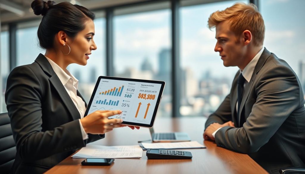 A modern office setting featuring a confident businesswoman and businessman in professional attire engaged in a thoughtful discussion about financial options. In the foreground, the businesswoman, with dark hair in a sleek bun, gestures toward a digital tablet displaying charts and graphs related to interest rates and credit limits. The businessman, with short blond hair, leans forward attentively, showcasing a clear expression of interest and curiosity. In the middle, a stylish desk with financial documents, a laptop, and a calculator adds to the professional atmosphere. The background reveals large windows with a view of a city skyline, allowing natural light to flood the room and creating an inspiring, collaborative mood. The focus is sharp, with a subtle bokeh effect on the background to emphasize the subjects.