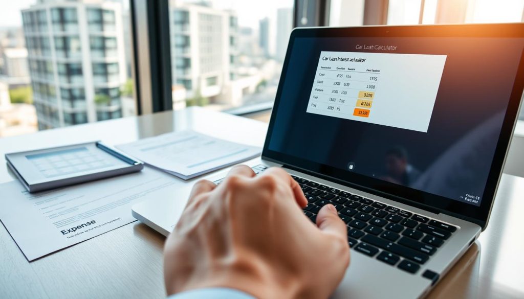 A modern office setting featuring a desktop with a sleek laptop open to a car loan interest calculator application. In the foreground, a hand is poised over the keyboard, typing calculations related to car loans. The middle ground showcases a variety of financial documents, including a loan agreement, expense sheet, and a calculator, all neatly arranged. In the background, a window reveals a sunny urban landscape, contributing to a bright and professional atmosphere. The scene is illuminated by soft, natural light filtering through the window, creating a clear and focused mood. Capture the essence of financial analysis and professionalism with a close-up angle emphasizing the calculating actions, ensuring all elements convey a sense of accuracy and diligence. A modern office setting featuring a desktop with a sleek laptop open to a car loan interest calculator application. In the foreground, a hand is poised over the keyboard, typing calculations related to car loans. The middle ground showcases a variety of financial documents, including a loan agreement, expense sheet, and a calculator, all neatly arranged. In the background, a window reveals a sunny urban landscape, contributing to a bright and professional atmosphere. The scene is illuminated by soft, natural light filtering through the window, creating a clear and focused mood. Capture the essence of financial analysis and professionalism with a close-up angle emphasizing the calculating actions, ensuring all elements convey a sense of accuracy and diligence.