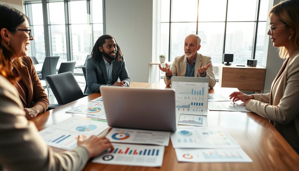 A modern office setting, featuring a diverse group of three professionals—an Asian woman, a Black man, and a Caucasian woman—engaged in a detailed discussion around a large conference table, with financial documents and a laptop open in front of them. The foreground focuses on their animated expressions and gestures, symbolizing collaboration. In the middle, the table is cluttered with various charts and infographics illustrating different credit options. The background showcases a sleek office environment with floor-to-ceiling windows allowing natural light to stream in, creating a bright and positive atmosphere. Use a warm color palette, emphasizing clarity and professionalism. Capture the scene from a slightly elevated angle, enhancing the sense of engagement and focus in the discussion. Aim for a realistic and inspiring mood to reflect the complexities of credit offerings.