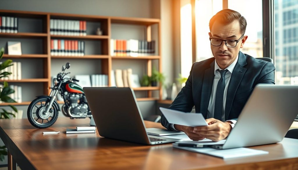 A modern office setting featuring a professional businessperson in business casual attire, seated at a stylish desk with a laptop, paperwork, and a motorcycle model on display. In the foreground, close-up focus on the person's hands as they review a motorcycle loan application, displaying a serious yet determined expression. The middle ground reveals a large window with natural light streaming in, casting soft shadows across the workspace. In the background, shelves lined with financial and automotive books, creating an informative atmosphere. The color palette is warm and inviting, evoking a sense of trust and professionalism. The mood should be focused and engaging, reflecting the topic of motorcycle financing in Taiwan. A modern office setting featuring a professional businessperson in business casual attire, seated at a stylish desk with a laptop, paperwork, and a motorcycle model on display. In the foreground, close-up focus on the person's hands as they review a motorcycle loan application, displaying a serious yet determined expression. The middle ground reveals a large window with natural light streaming in, casting soft shadows across the workspace. In the background, shelves lined with financial and automotive books, creating an informative atmosphere. The color palette is warm and inviting, evoking a sense of trust and professionalism. The mood should be focused and engaging, reflecting the topic of motorcycle financing in Taiwan.