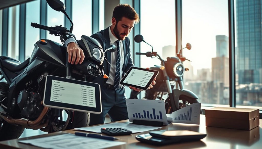 A modern office setting featuring a professional individual dressed in business attire examining a sleek motorcycle. In the foreground, the person is closely inspecting the bike's details, such as the engine and tires, with a digital tablet in hand displaying estimated values. The middle ground showcases an illuminated desk with documents, graphs related to motorcycle valuation, and a calculator, all bathed in soft, natural lighting. The background features floor-to-ceiling windows allowing sunlight to flood the room, with a cityscape visible outside, creating a sense of urgency and professionalism. The overall mood is focused and analytical, communicating the importance of motorcycle valuation in a loan approval process. A modern office setting featuring a professional individual dressed in business attire examining a sleek motorcycle. In the foreground, the person is closely inspecting the bike's details, such as the engine and tires, with a digital tablet in hand displaying estimated values. The middle ground showcases an illuminated desk with documents, graphs related to motorcycle valuation, and a calculator, all bathed in soft, natural lighting. The background features floor-to-ceiling windows allowing sunlight to flood the room, with a cityscape visible outside, creating a sense of urgency and professionalism. The overall mood is focused and analytical, communicating the importance of motorcycle valuation in a loan approval process.