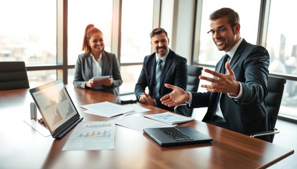 A modern office setting focused on a professional discussion about collateral and guarantees in business loans. In the foreground, a sleek wooden conference table is set with papers and a laptop displaying financial charts, showcasing graphs and numbers related to loan agreements. To one side, a confident professional in business attire gestures towards the documents, emphasizing points in a lively manner. The middle ground features two colleagues attentively listening, one taking notes, the other nodding thoughtfully. In the background, a large window filters warm natural light, revealing a cityscape outside. The mood is one of collaboration and negotiation, with a sense of seriousness and optimism regarding financial strategies. The image is bathed in soft, diffused lighting that enhances the professional atmosphere. A modern office setting focused on a professional discussion about collateral and guarantees in business loans. In the foreground, a sleek wooden conference table is set with papers and a laptop displaying financial charts, showcasing graphs and numbers related to loan agreements. To one side, a confident professional in business attire gestures towards the documents, emphasizing points in a lively manner. The middle ground features two colleagues attentively listening, one taking notes, the other nodding thoughtfully. In the background, a large window filters warm natural light, revealing a cityscape outside. The mood is one of collaboration and negotiation, with a sense of seriousness and optimism regarding financial strategies. The image is bathed in soft, diffused lighting that enhances the professional atmosphere.