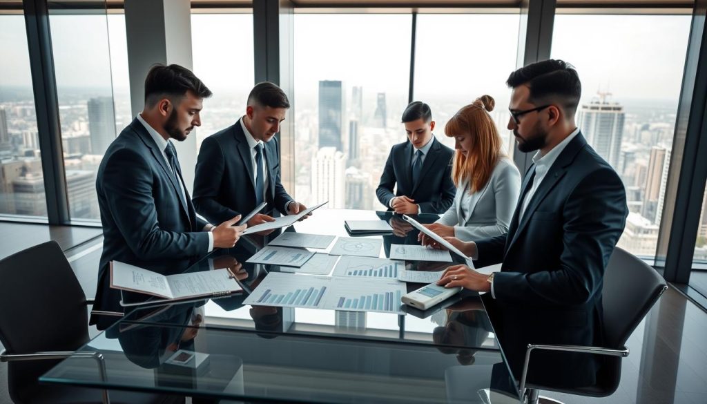 A modern office setting focused on banking and finance. In the foreground, a diverse group of business professionals in smart attire is engaged in a discussion over documents and digital devices, conveying a sense of teamwork and focus. The middle layer features a large, glass conference table with charts and graphs displaying data on credit policies and risk management. Behind them, large windows let in natural light, illuminating the sleek architecture of the office with a panoramic city view. The atmosphere is one of seriousness and concentration, highlighting the importance of internal credit policy adjustments and risk control measures in the banking sector. Use soft, professional lighting to enhance clarity and depth in this insightful scene.
