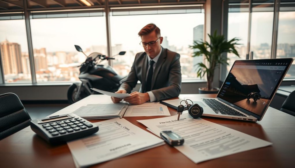 A modern office setting focused on vehicle financing. In the foreground, a neatly arranged desk with paperwork related to motorcycle loans, including forms and a calculator. In the middle, a professional individual in business attire, reviewing documents thoughtfully, surrounded by keys to a motorcycle and a laptop displaying relevant financial data. The background features a large window that lets in warm, natural light, casting soft shadows, and a cityscape view that suggests a bustling urban environment. The atmosphere conveys a sense of professionalism, focus, and opportunity, emphasizing the theme of navigating complex financial decisions regarding vehicles not personally owned. A modern office setting focused on vehicle financing. In the foreground, a neatly arranged desk with paperwork related to motorcycle loans, including forms and a calculator. In the middle, a professional individual in business attire, reviewing documents thoughtfully, surrounded by keys to a motorcycle and a laptop displaying relevant financial data. The background features a large window that lets in warm, natural light, casting soft shadows, and a cityscape view that suggests a bustling urban environment. The atmosphere conveys a sense of professionalism, focus, and opportunity, emphasizing the theme of navigating complex financial decisions regarding vehicles not personally owned.