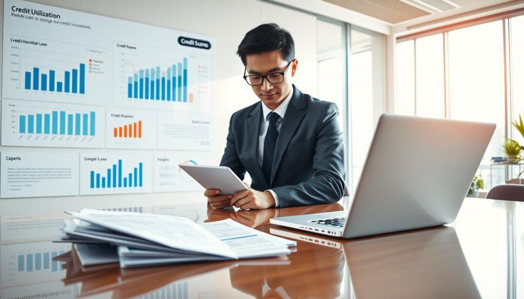 A modern office setting showcasing a professional Asian businessperson analyzing financial data on a sleek laptop. In the foreground, the character, dressed in smart business attire, looks focused and engaged, with a backdrop of graphs and charts indicating credit scores and bank loans. The middle layer features documents scattered on a polished desk, labeled with terms like "credit utilization" and "credit report," accentuating the theme of responsible financial management. The background shows a bright, well-lit office with large windows, allowing natural light to flood the room, creating an atmosphere of productivity and clarity. The overall mood is one of determination and strategy, emphasizing a healthy approach to managing multiple bank loans and creditworthiness. A modern office setting showcasing a professional Asian businessperson analyzing financial data on a sleek laptop. In the foreground, the character, dressed in smart business attire, looks focused and engaged, with a backdrop of graphs and charts indicating credit scores and bank loans. The middle layer features documents scattered on a polished desk, labeled with terms like "credit utilization" and "credit report," accentuating the theme of responsible financial management. The background shows a bright, well-lit office with large windows, allowing natural light to flood the room, creating an atmosphere of productivity and clarity. The overall mood is one of determination and strategy, emphasizing a healthy approach to managing multiple bank loans and creditworthiness.