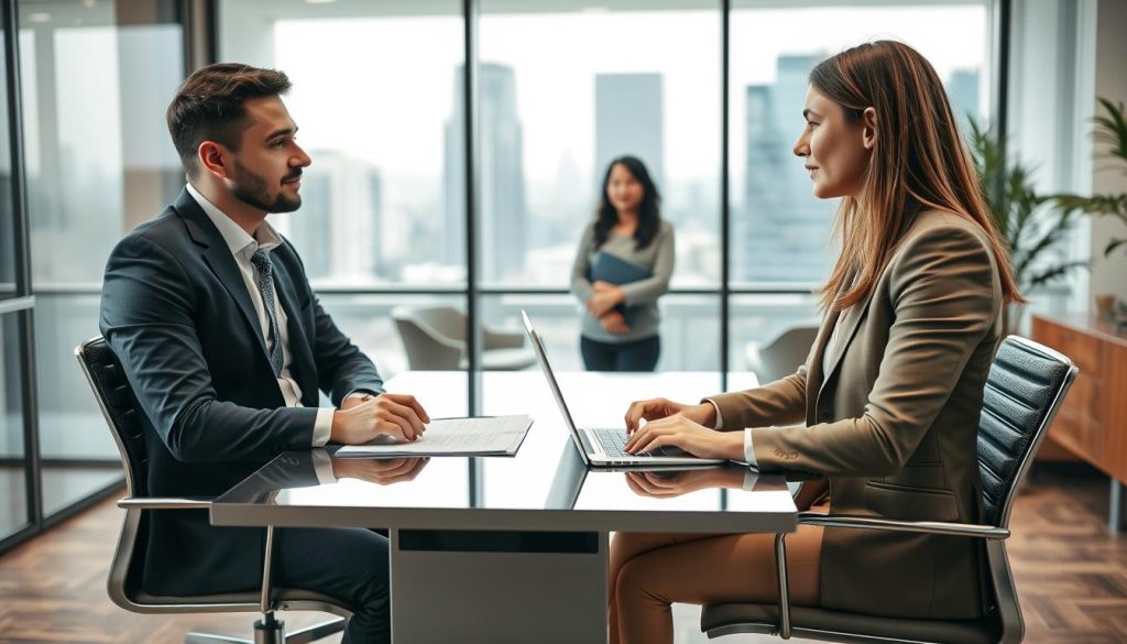 A modern office setting showcasing a professional interaction between a loan consultant and a client. In the foreground, depict a well-dressed consultant, wearing business attire, sitting at a sleek desk adorned with documents and a laptop, engaging in a discussion. The middle ground features the client, dressed in smart casual attire, looking attentive and involved. The background shows a glass wall with a cityscape view, creating an atmosphere of professionalism and trust. Soft, natural light filters through the office windows, highlighting the warm tones of the wooden furniture. The mood is focused and collaborative, representing the essence of personal loan assistance through a代理公司 (agent company). A modern office setting showcasing a professional interaction between a loan consultant and a client. In the foreground, depict a well-dressed consultant, wearing business attire, sitting at a sleek desk adorned with documents and a laptop, engaging in a discussion. The middle ground features the client, dressed in smart casual attire, looking attentive and involved. The background shows a glass wall with a cityscape view, creating an atmosphere of professionalism and trust. Soft, natural light filters through the office windows, highlighting the warm tones of the wooden furniture. The mood is focused and collaborative, representing the essence of personal loan assistance through a代理公司 (agent company).