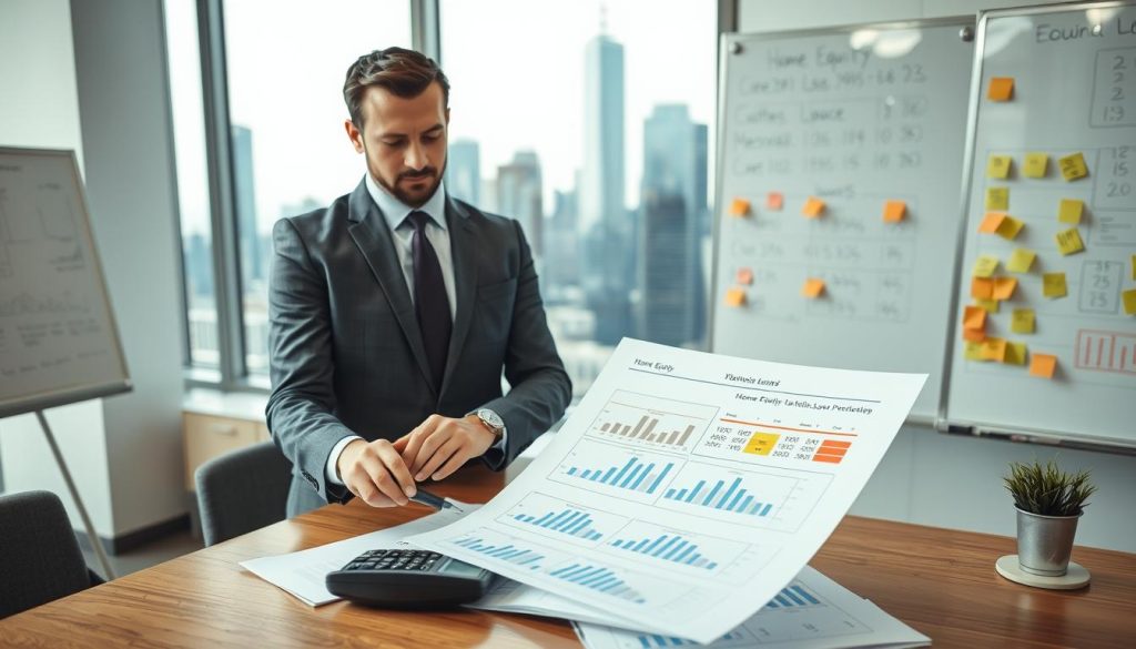 A modern office setting with a confident business professional reviewing financial documents related to home equity loans. In the foreground, a person dressed in professional business attire, focusing on a calculator and papers filled with calculations and graphs depicting home equity and loan potential. In the middle, a large window showing a cityscape with skyscrapers, casting natural light onto the workspace. The background features a whiteboard filled with charts, numbers, and sticky notes. The mood is analytical and focused, embodying a sense of determination and clarity. Use soft lighting to enhance the professionalism of the scene, shot from a slightly elevated angle to provide a comprehensive view of the workspace.