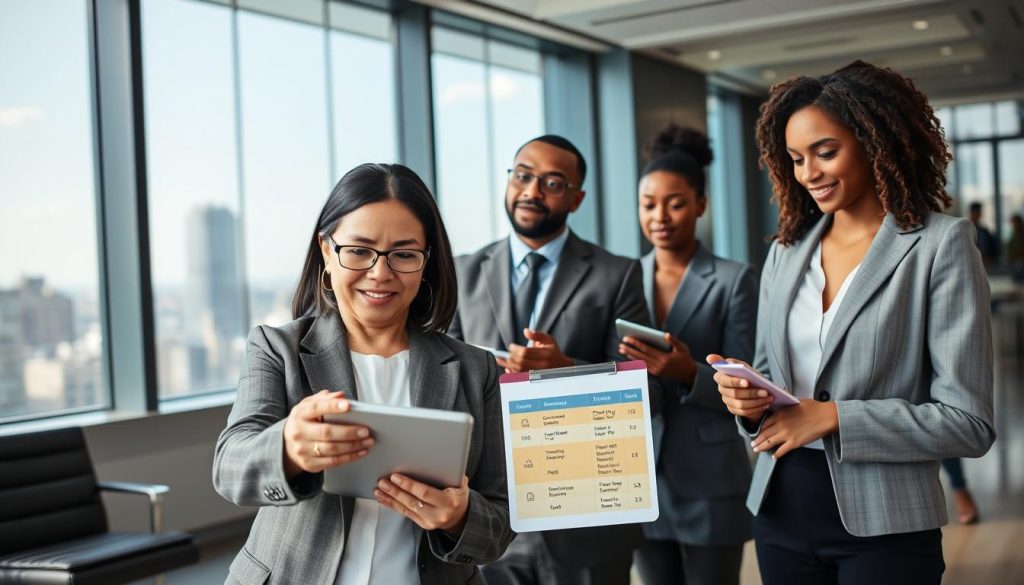 A modern office setting with a diverse group of professionals discussing personal credit loans. In the foreground, a middle-aged Asian woman in a smart blazer gestures towards a tablet, showcasing a comparison chart of different loan options. In the middle, a male Caucasian banker in a suit leans back in his chair with a thoughtful expression, while a young Black woman in professional attire takes notes. The background features a sleek conference room with large windows letting in natural light and a view of a city skyline. The atmosphere is collaborative and focused, conveying a sense of professionalism and urgency as the team compares banking, financing companies, and online platforms for loans. The lighting is bright and inviting, enhancing the modern vibe of the office.