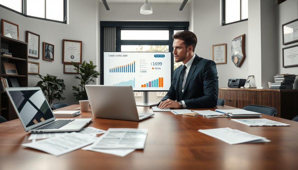 A modern office setting, with a large wooden desk in the foreground featuring a laptop and financial documents scattered around. In the middle, a focused business professional in their 30s dressed in smart business attire examines graphs and charts on a screen, representing credit limits and existing debts. A large window in the background allows natural light to flood the room, creating a bright and open atmosphere. On the walls, framed certificates and award plaques suggest a successful financial background. The mood is serious but optimistic, emphasizing the importance of understanding credit utilization. Use soft lighting to enhance the professionalism of the scene, and shoot at a slight angle to capture both the desk and the window prominently.