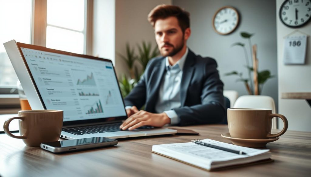 A modern office workspace featuring a professional individual in business attire, focused on a laptop with a detailed financial tracking spreadsheet on the screen. The foreground shows a neatly organized desk with a smartphone displaying notifications, a cup of coffee, and a notepad filled with notes and reminders. In the middle ground, subtle financial charts on the laptop represent loan progress tracking, illuminated by soft, natural lighting from a nearby window. The background includes potted plants and a wall clock, creating a calm and productive atmosphere. The overall mood is one of diligence and determination, capturing the essence of timely follow-up and proactive management of personal loan documentation.