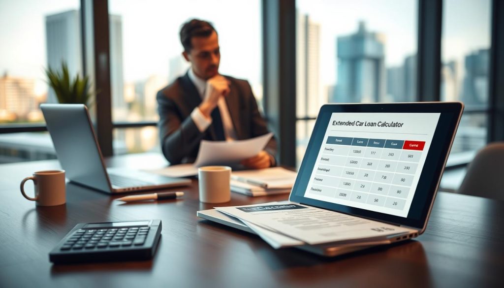 A modern office workspace with a sleek desk featuring a laptop displaying a car loan calculator interface. In the foreground, a calculator, a stack of financial documents, and a coffee cup create a relatable atmosphere. The middle ground includes a professional person dressed in business attire, analyzing the documents with a thoughtful expression. The background showcases a large window with city views, allowing natural light to flood the space and create an inviting ambiance. The scene conveys a sense of importance and contemplation around financial decisions, particularly regarding extended car loan terms. Use soft, warm lighting to enhance the professional yet approachable mood, captured with a shallow depth of field focusing on the calculator and documents.
