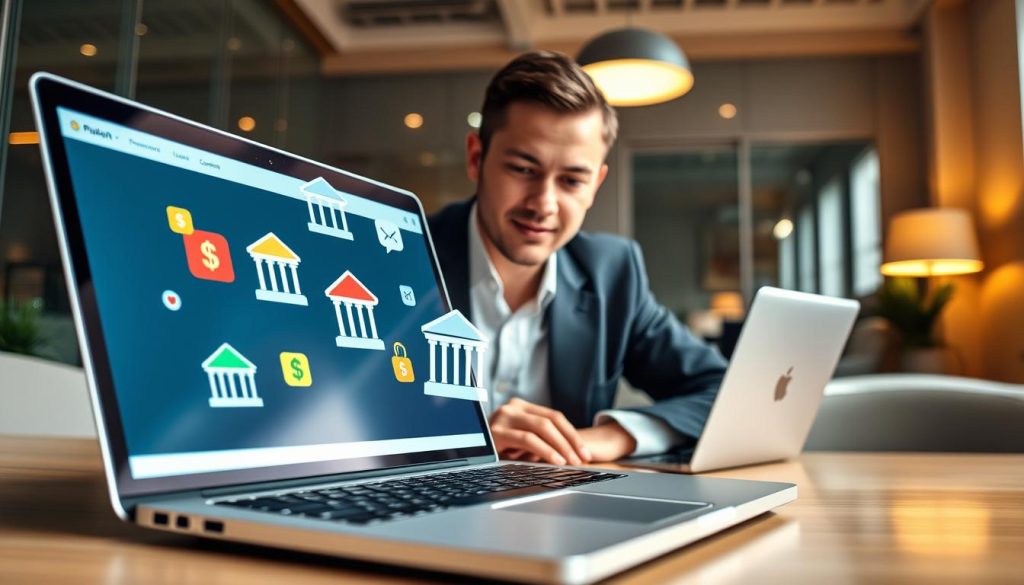 A modern online loan platform scene showcasing a user-friendly website layout on a sleek laptop. In the foreground, display a professional individual in business attire, focusing on the screen with a look of concentration. The middle ground features floating, colorful icons depicting loans, bank buildings, and money management tools, symbolizing the online finance environment. The background should include a stylish office setting with soft, ambient lighting that creates a warm and inviting atmosphere. The overall mood is one of professionalism and trust, emphasizing the importance of choosing the right financial service amidst uncertainty. Use a wide-angle lens to capture a dynamic perspective of the workspace. A modern online loan platform scene showcasing a user-friendly website layout on a sleek laptop. In the foreground, display a professional individual in business attire, focusing on the screen with a look of concentration. The middle ground features floating, colorful icons depicting loans, bank buildings, and money management tools, symbolizing the online finance environment. The background should include a stylish office setting with soft, ambient lighting that creates a warm and inviting atmosphere. The overall mood is one of professionalism and trust, emphasizing the importance of choosing the right financial service amidst uncertainty. Use a wide-angle lens to capture a dynamic perspective of the workspace.