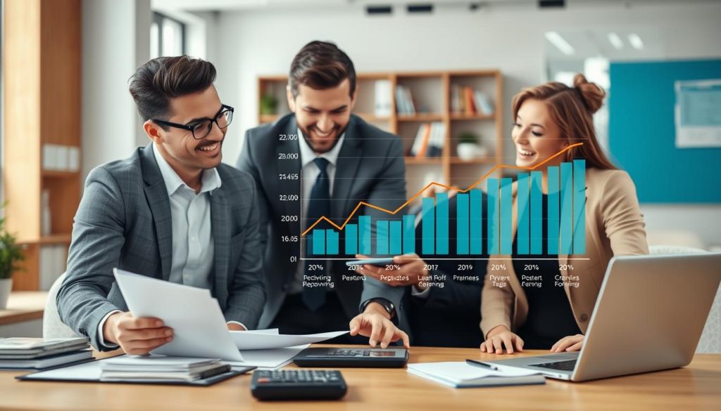 A modern, professional office setting with a focus on personal finance and credit management. In the foreground, a diverse group of three individuals—two men and one woman—are engaged in an animated discussion, surrounded by papers, a laptop, and a calculator. They are dressed in smart business attire, depicting a collaborative atmosphere. In the middle ground, a financial chart displaying trends in credit scores and loan repayments is visible, emphasizing the theme of "提前還款 信用評分." The background features blurred office elements like a bookshelf and windows with soft natural light filtering in. The overall mood is focused and optimistic, reflecting the importance of informed financial decisions. Bright and balanced lighting enhances the professionalism of the scene.