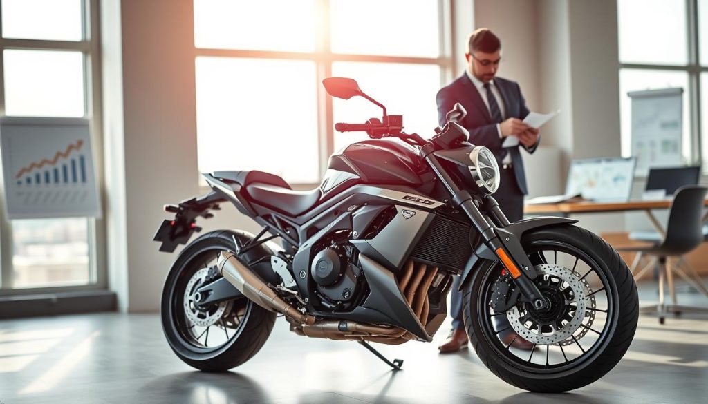 A modern, professional setting depicting a detailed, elegant motorcycle with a sleek design prominently in the foreground, symbolizing the concept of motorcycle loans. The motorcycle is parked in a well-lit, contemporary office space featuring large windows that allow natural light to stream in, creating a warm and inviting atmosphere. In the background, there are abstract charts and financial documents subtly displayed on a desk, suggesting the themes of finance and credit. A professional individual, dressed in smart casual attire, stands beside the motorcycle, thoughtfully analyzing some paperwork or discussing financial options. The lighting is soft yet bright, with a focus on the motorcycle, highlighting its features attractively, while the background remains slightly blurred to keep the focus on the theme of motorcycle financing. The overall mood conveys a sense of professionalism and financial clarity. A modern, professional setting depicting a detailed, elegant motorcycle with a sleek design prominently in the foreground, symbolizing the concept of motorcycle loans. The motorcycle is parked in a well-lit, contemporary office space featuring large windows that allow natural light to stream in, creating a warm and inviting atmosphere. In the background, there are abstract charts and financial documents subtly displayed on a desk, suggesting the themes of finance and credit. A professional individual, dressed in smart casual attire, stands beside the motorcycle, thoughtfully analyzing some paperwork or discussing financial options. The lighting is soft yet bright, with a focus on the motorcycle, highlighting its features attractively, while the background remains slightly blurred to keep the focus on the theme of motorcycle financing. The overall mood conveys a sense of professionalism and financial clarity.