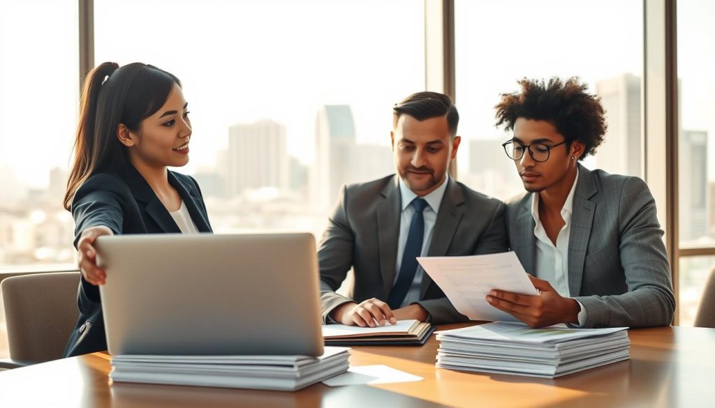 A modern, sleek office environment showcases a diverse group of three professionals engaged in a serious discussion about car loans as startup funding. In the foreground, a confident Asian woman in business attire gestures towards a laptop displaying financial charts, symbolizing opportunity and analysis. In the middle ground, a Caucasian man, also dressed professionally, takes notes while considering the implications of using car loans for entrepreneurship. The background features a large window revealing a city skyline, bathed in warm, natural light that creates an optimistic atmosphere. Soft lighting highlights the determined expressions on their faces, while a stack of documents related to car financing subtly rests on the table, emphasizing the theme of financial planning. The overall mood combines professionalism and innovation.