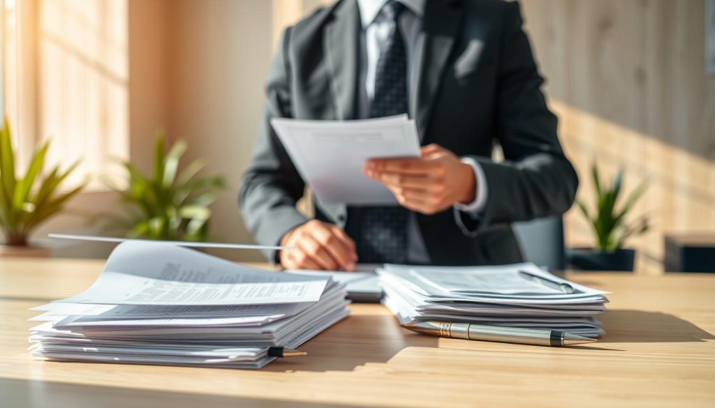 A neatly organized desk serves as the foreground, featuring a variety of essential motorcycle loan documents stacked neatly: application forms, financial statements, and identification papers. A pen rests elegantly beside the documents, reflecting a sense of preparation. In the middle ground, a professional individual in smart business attire is reviewing the documents, focusing intently on the papers. The background consists of a soft-focus office setting with a light wood finish and plants, suggesting a calm and efficient atmosphere. The lighting is bright yet warm, reminiscent of a sunny day, casting gentle shadows that enhance the sense of clarity and order. The overall mood conveys confidence and readiness, emphasizing the importance of being well-prepared when applying for a motorcycle loan. A neatly organized desk serves as the foreground, featuring a variety of essential motorcycle loan documents stacked neatly: application forms, financial statements, and identification papers. A pen rests elegantly beside the documents, reflecting a sense of preparation. In the middle ground, a professional individual in smart business attire is reviewing the documents, focusing intently on the papers. The background consists of a soft-focus office setting with a light wood finish and plants, suggesting a calm and efficient atmosphere. The lighting is bright yet warm, reminiscent of a sunny day, casting gentle shadows that enhance the sense of clarity and order. The overall mood conveys confidence and readiness, emphasizing the importance of being well-prepared when applying for a motorcycle loan.