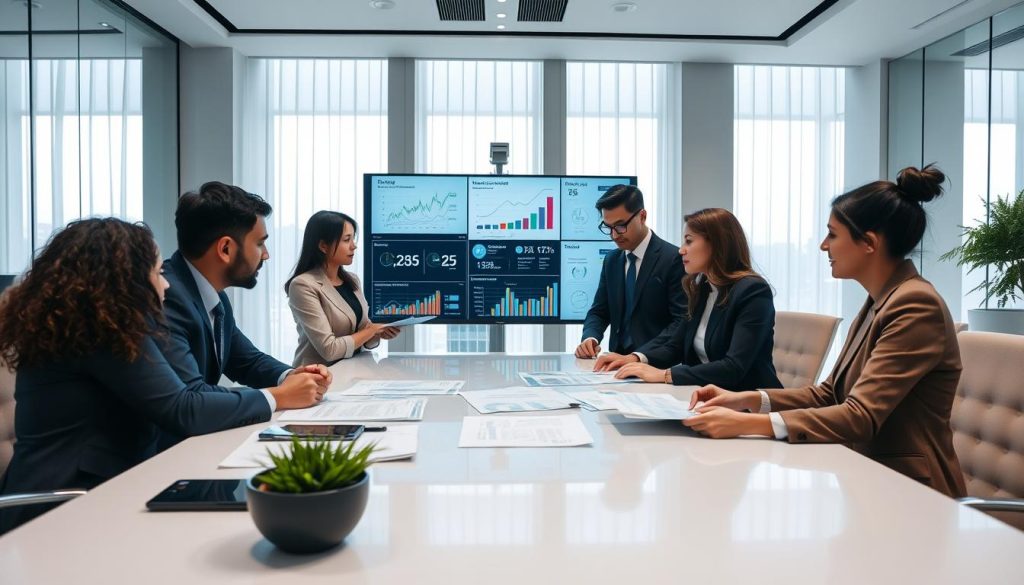 A panoramic view of a modern bank's office interior, featuring a diverse group of professionals engaged in a discussion about risk management strategies. In the foreground, three individuals in professional business attire are gathered around a sleek conference table, examining financial documents and charts. In the middle, a large screen displays complex graphs and analytics related to credit risk assessment. The background includes tall windows letting in soft, natural light, creating an open and inviting atmosphere. An air of concentration and collaboration is present as they weigh the importance of guarantors in financial decisions. The scene is well-lit, emphasizing clarity and professionalism.