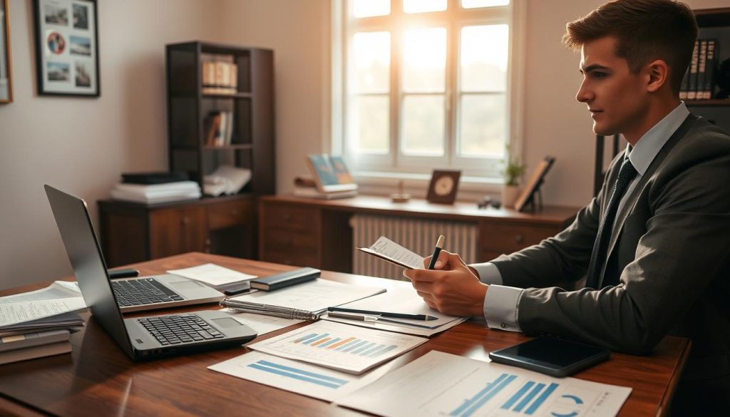 A peaceful office environment depicting a young professional analyzing land loan documents. In the foreground, a detailed wooden desk cluttered with papers, a laptop, and a calculator. The individual, wearing professional business attire, appears focused while jotting down notes in a notebook. In the middle ground, a window allows soft, warm natural light to illuminate the scene, creating a calm atmosphere. Various charts and graphs related to land loan applications are neatly arranged on the desk, symbolizing organization and preparation. The background features a stylish bookshelf filled with financial literature, adding to the professional tone of the setting. The overall mood should evoke a sense of determination and readiness for the loan application process. A peaceful office environment depicting a young professional analyzing land loan documents. In the foreground, a detailed wooden desk cluttered with papers, a laptop, and a calculator. The individual, wearing professional business attire, appears focused while jotting down notes in a notebook. In the middle ground, a window allows soft, warm natural light to illuminate the scene, creating a calm atmosphere. Various charts and graphs related to land loan applications are neatly arranged on the desk, symbolizing organization and preparation. The background features a stylish bookshelf filled with financial literature, adding to the professional tone of the setting. The overall mood should evoke a sense of determination and readiness for the loan application process.