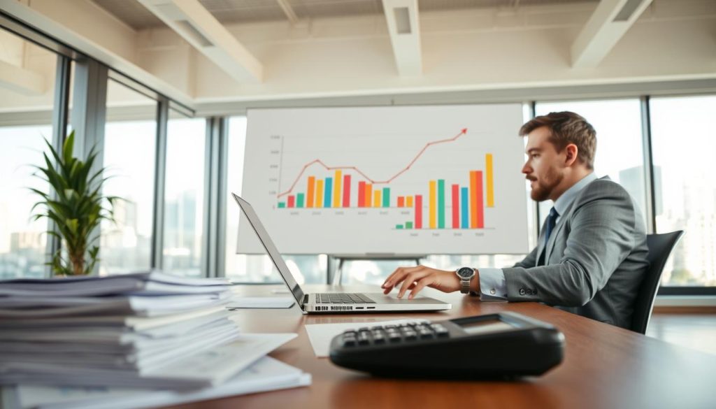 A person in professional attire sits at a modern desk, analyzing financial graphs and charts on a laptop that display a decreasing monthly payment trend. The foreground has stacks of documents with a calculator, symbolizing financial planning. In the middle, a large whiteboard shows a vibrant, colorful chart with lines and arrows indicating reduced monthly payments over time. The background features a bright, airy office with a large window showing a cityscape, representing financial progression. Soft, natural lighting illuminates the scene, creating a hopeful and thoughtful atmosphere. The overall mood conveys the careful consideration of financial decisions and the deceptive ease of lower monthly payments, focusing on the idea of financial growth and responsibility.