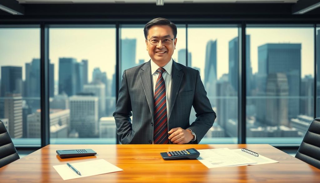 A professional and confident guarantor, depicted as a middle-aged Asian man, dressed in a tailored business suit and tie, standing in an office environment. He is looking directly at the viewer with a reassuring expression, symbolizing trust and reliability. In the foreground, a polished wooden desk with financial documents and a calculator is visible, emphasizing the financial context. In the middle, a modern office setting with large windows offering a city skyline view creates a dynamic backdrop. The lighting is bright and warm, with natural sunlight streaming in to enhance the atmosphere of professionalism and assurance. The image conveys a mood of security and responsibility, evoking the concept of a guarantor in banking.