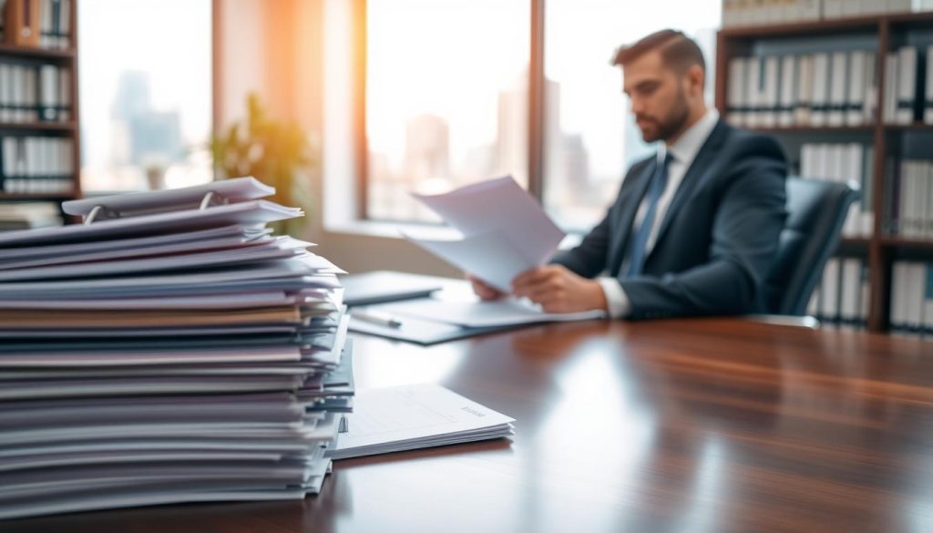 A professional and detailed scene depicting a financial office environment focused on loan approval documents. The foreground features a neatly arranged stack of loan application files, highlighted with a soft focus to draw attention. In the middle ground, a business professional in smart attire, perhaps a suit and tie, is seated at a polished wooden desk, reviewing financial statements and supporting documents with a look of concentration. In the background, a blurred bookshelf filled with financial books and a window revealing a cityscape, with soft natural light streaming in, creating a bright yet professional atmosphere. The overall mood is one of diligence and professionalism, emphasizing the importance of preparing quality documentation for loan approval. A professional and detailed scene depicting a financial office environment focused on loan approval documents. The foreground features a neatly arranged stack of loan application files, highlighted with a soft focus to draw attention. In the middle ground, a business professional in smart attire, perhaps a suit and tie, is seated at a polished wooden desk, reviewing financial statements and supporting documents with a look of concentration. In the background, a blurred bookshelf filled with financial books and a window revealing a cityscape, with soft natural light streaming in, creating a bright yet professional atmosphere. The overall mood is one of diligence and professionalism, emphasizing the importance of preparing quality documentation for loan approval.