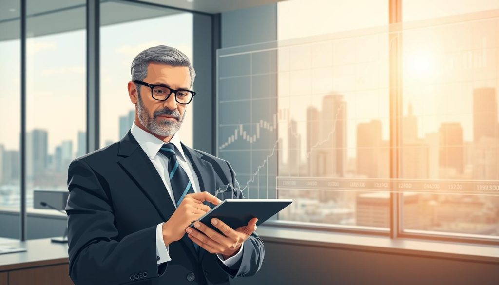 A professional and engaging illustration of a central bank's interest rate hike. In the foreground, a confident banker in a smart business suit, analyzing financial graphs on a tablet, displaying rising interest rates. In the middle ground, a contemporary office setting with a large window showing a city skyline, symbolizing economic growth. Behind the banker, a digital display board with abstract financial data visualizations, showing upward trends and interest rate indicators. Natural light streaming in from the window creates a bright and optimistic atmosphere. The overall mood is professional and focused, capturing the essence of financial decision-making during economic shifts.