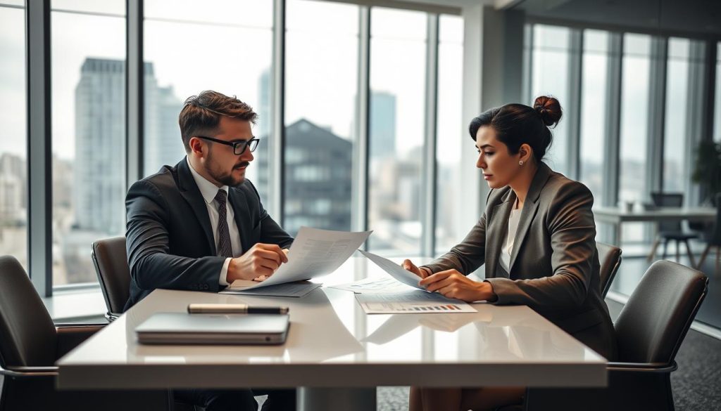 A professional and engaging scene depicting a negotiation setting for personal loan discussions. In the foreground, two well-dressed individuals seated at a modern conference table, one representing a bank and the other a client, both displaying focused expressions while reviewing loan documents. The middle ground features a stylish office space with large windows allowing natural light to flood in, showcasing a cityscape in the background. A few financial charts and a laptop are visible on the table, emphasizing the serious nature of the conversation. The atmosphere is tense yet hopeful, conveying a sense of professionalism and collaboration. Soft lighting accentuates the details, with a slightly blurred background to keep the focus on the negotiators. A professional and engaging scene depicting a negotiation setting for personal loan discussions. In the foreground, two well-dressed individuals seated at a modern conference table, one representing a bank and the other a client, both displaying focused expressions while reviewing loan documents. The middle ground features a stylish office space with large windows allowing natural light to flood in, showcasing a cityscape in the background. A few financial charts and a laptop are visible on the table, emphasizing the serious nature of the conversation. The atmosphere is tense yet hopeful, conveying a sense of professionalism and collaboration. Soft lighting accentuates the details, with a slightly blurred background to keep the focus on the negotiators.