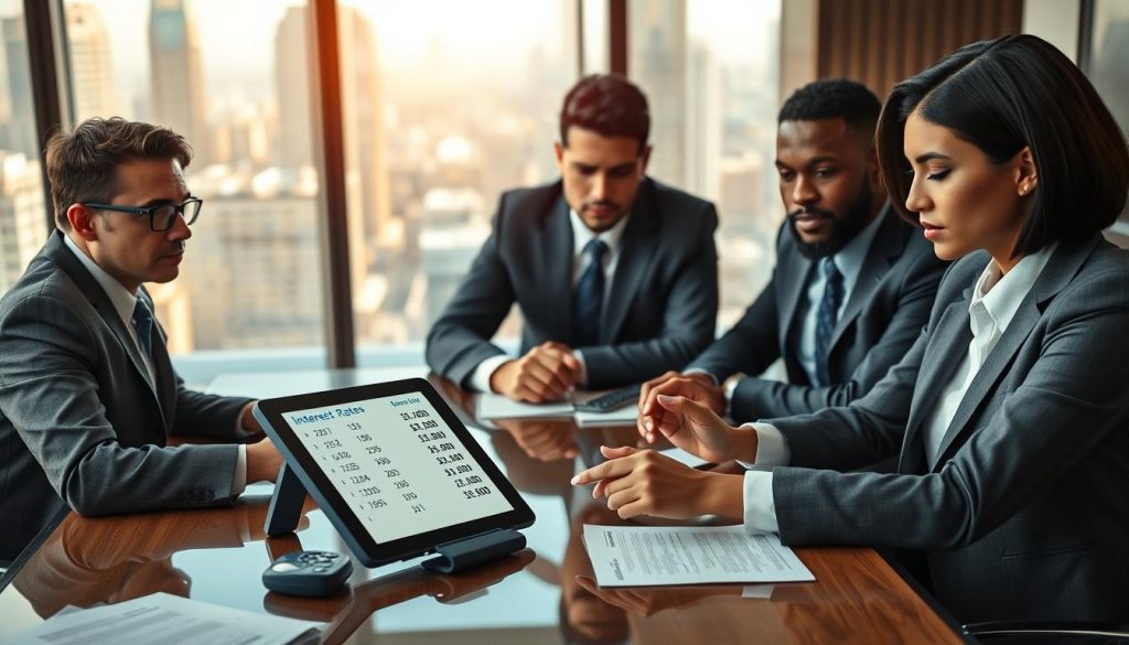 A professional and engaging scene that illustrates a price comparison analysis for bank loan interest rates. In the foreground, a diverse group of three business professionals, dressed in formal business attire, are intently examining a digital tablet that displays various bank interest rates. They are seated around a modern conference table, which is clutter-free but has a few financial documents and a calculator. In the middle ground, a large window reveals a bustling cityscape, bathed in soft afternoon light, enhancing the focus on the discussion. The atmosphere is serious yet collaborative, with emphasis on clarity and professionalism. The lens captures the warm tones of the indoor setting while maintaining a sharp focus on the subjects and the tablet. A professional and engaging scene that illustrates a price comparison analysis for bank loan interest rates. In the foreground, a diverse group of three business professionals, dressed in formal business attire, are intently examining a digital tablet that displays various bank interest rates. They are seated around a modern conference table, which is clutter-free but has a few financial documents and a calculator. In the middle ground, a large window reveals a bustling cityscape, bathed in soft afternoon light, enhancing the focus on the discussion. The atmosphere is serious yet collaborative, with emphasis on clarity and professionalism. The lens captures the warm tones of the indoor setting while maintaining a sharp focus on the subjects and the tablet.