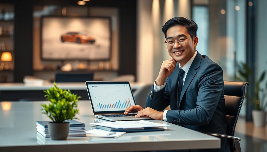 A professional and engaging visual representation of the concept "聯徵是什麼" (what credit reporting is) in a modern setting. In the foreground, depict a well-dressed Asian individual seated at a sleek, contemporary desk, focused on a laptop screen displaying graphs and data related to credit scores. The middle ground features a neat stack of financial documents and a potted plant, adding a touch of life to the scene. In the background, a blurred office space suggests a professional atmosphere, with soft, warm lighting creating an inviting ambiance. The angle should capture the individual's thoughtful expression, conveying the importance of understanding credit reports before applying for loans. The overall mood is serious yet optimistic, emphasizing the significance of financial awareness. A professional and engaging visual representation of the concept "聯徵是什麼" (what credit reporting is) in a modern setting. In the foreground, depict a well-dressed Asian individual seated at a sleek, contemporary desk, focused on a laptop screen displaying graphs and data related to credit scores. The middle ground features a neat stack of financial documents and a potted plant, adding a touch of life to the scene. In the background, a blurred office space suggests a professional atmosphere, with soft, warm lighting creating an inviting ambiance. The angle should capture the individual's thoughtful expression, conveying the importance of understanding credit reports before applying for loans. The overall mood is serious yet optimistic, emphasizing the significance of financial awareness.