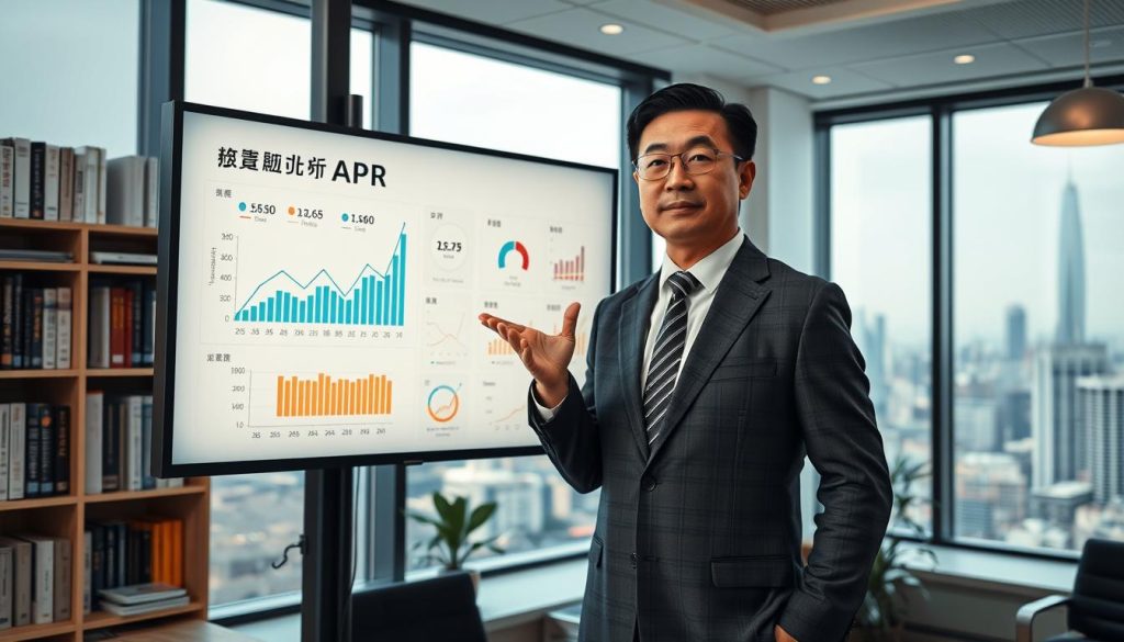 A professional and informative scene depicting a financial advisor in a modern office setting, standing beside a large screen displaying graphs and figures related to "二胎APR" (second mortgage APR). The advisor, a middle-aged Asian man in a well-fitted suit, gestures towards the screen, which highlights key indicators and calculations of loan rates and fees. In the background, shelves filled with finance books and a view of a city skyline through a window suggest a bustling urban environment. Soft, natural lighting illuminates the workspace, creating a warm and inviting atmosphere. The focus is on the advisor and the screen, emphasizing clarity and professionalism in financial discussions. A professional and informative scene depicting a financial advisor in a modern office setting, standing beside a large screen displaying graphs and figures related to "二胎APR" (second mortgage APR). The advisor, a middle-aged Asian man in a well-fitted suit, gestures towards the screen, which highlights key indicators and calculations of loan rates and fees. In the background, shelves filled with finance books and a view of a city skyline through a window suggest a bustling urban environment. Soft, natural lighting illuminates the workspace, creating a warm and inviting atmosphere. The focus is on the advisor and the screen, emphasizing clarity and professionalism in financial discussions.