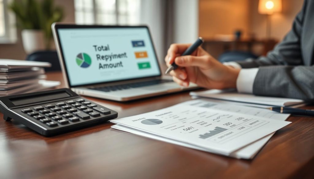 A professional and informative scene depicting a financial calculator on a sleek wooden desk, surrounded by neatly organized documents and a laptop. In the foreground, there's a close-up of a glowing screen displaying the term "Total Repayment Amount" in bold letters, illustrated with a pie chart and numerical data. In the middle ground, a pair of hands in business attire holds a pen, poised above a notepad filled with calculations and notes. The background features a softly blurred office setting with warm ambient lighting, lending a sense of focus and diligence to the atmosphere. This composition conveys a serious yet engaging mood, perfect for exploring the topic of hidden costs in personal credit loans. A professional and informative scene depicting a financial calculator on a sleek wooden desk, surrounded by neatly organized documents and a laptop. In the foreground, there's a close-up of a glowing screen displaying the term "Total Repayment Amount" in bold letters, illustrated with a pie chart and numerical data. In the middle ground, a pair of hands in business attire holds a pen, poised above a notepad filled with calculations and notes. The background features a softly blurred office setting with warm ambient lighting, lending a sense of focus and diligence to the atmosphere. This composition conveys a serious yet engaging mood, perfect for exploring the topic of hidden costs in personal credit loans.