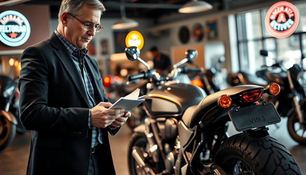 A professional and informative scene depicting a motorcycle valuation process. In the foreground, a calm, middle-aged business professional in a smart casual outfit is inspecting a motorcycle, taking notes in a notepad. In the middle ground, a well-maintained motorcycle showcasing features like its shiny chrome, a visible VIN plate, and indicators of wear, such as slightly aged tires. The background features a motorcycle dealership environment with neon lights and various motorbikes on display, emphasizing the variety available in the market. Soft, natural lighting enhances the scene, casting gentle shadows that create a warm, analytical atmosphere. The angle is slightly elevated, focusing on both the motorcycle and the professional's engaged expression.