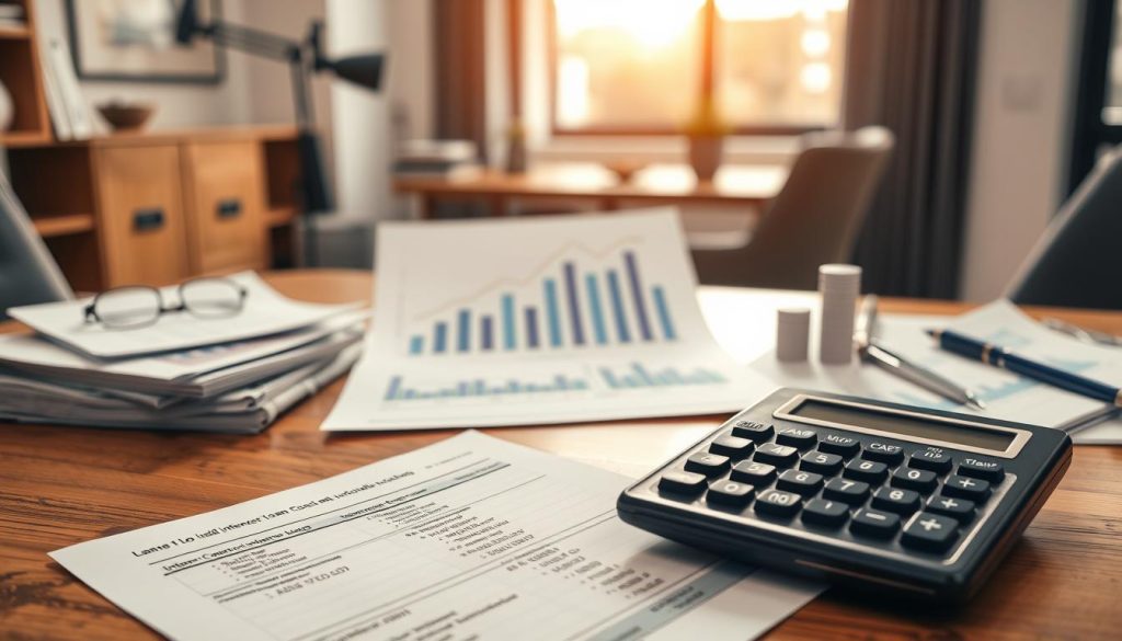 A professional and informative scene illustrating the total cost of personal loans, which includes various elements such as loan documents, a calculator, and graphs calculating interest rates. In the foreground, a calculator sits on a wooden desk alongside neatly stacked paperwork showing numerical data and charts. In the middle, there are financial graphs on the desk, symbolizing various components like interest rates, fees, and additional costs associated with loans. The background features a softly blurred office environment with modern, professional decor, and natural light filtering through a window, creating a serene atmosphere. Capture the essence of financial planning and analysis, emphasizing clarity and precision in calculating total costs, with a focus on professionalism. A professional and informative scene illustrating the total cost of personal loans, which includes various elements such as loan documents, a calculator, and graphs calculating interest rates. In the foreground, a calculator sits on a wooden desk alongside neatly stacked paperwork showing numerical data and charts. In the middle, there are financial graphs on the desk, symbolizing various components like interest rates, fees, and additional costs associated with loans. The background features a softly blurred office environment with modern, professional decor, and natural light filtering through a window, creating a serene atmosphere. Capture the essence of financial planning and analysis, emphasizing clarity and precision in calculating total costs, with a focus on professionalism.