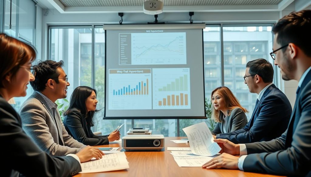 A professional and informative scene illustrating "二胎貸款教學" (second mortgage loan teaching). In the foreground, a diverse group of individuals in business attire are engaged in a discussion around a table, examining documents related to loan applications and financial charts. In the middle ground, a digital projector displays important financial data and graphs, enhancing the learning atmosphere. The background features a bright, modern office environment with large windows, letting in natural light that casts soft shadows. Use bright, inviting colors to create an optimistic mood. The angle is slightly elevated, capturing the engaged expressions of the participants as they analyze key differences in mortgage approvals, emphasizing the importance of understanding the subject.