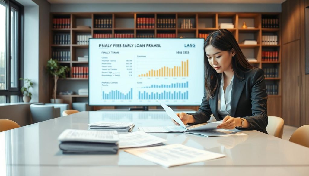 A professional and informative scene set in a modern office environment, focusing on the concept of penalty fees for early loan repayment. In the foreground, a well-dressed Asian businesswoman is thoughtfully reviewing documents spread on a sleek conference table, emphasizing the financial aspect. In the middle, a digital display shows financial graphs and statistics related to loan terms and fees, illuminated by soft, natural light coming from a nearby window. The background features a contemporary office with stylish furniture and shelves filled with legal books and financial reports, highlighting a serious yet approachable atmosphere. The overall mood conveys professionalism and clarity, aiming to visually illustrate the concept of "違約金" in a business context. A professional and informative scene set in a modern office environment, focusing on the concept of penalty fees for early loan repayment. In the foreground, a well-dressed Asian businesswoman is thoughtfully reviewing documents spread on a sleek conference table, emphasizing the financial aspect. In the middle, a digital display shows financial graphs and statistics related to loan terms and fees, illuminated by soft, natural light coming from a nearby window. The background features a contemporary office with stylish furniture and shelves filled with legal books and financial reports, highlighting a serious yet approachable atmosphere. The overall mood conveys professionalism and clarity, aiming to visually illustrate the concept of "違約金" in a business context.